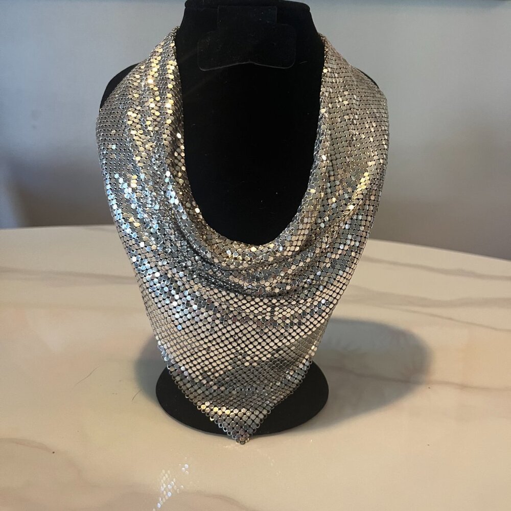 Vintage Whiting & Davis Silver Mesh Bib Necklace - Picture 2 of 6